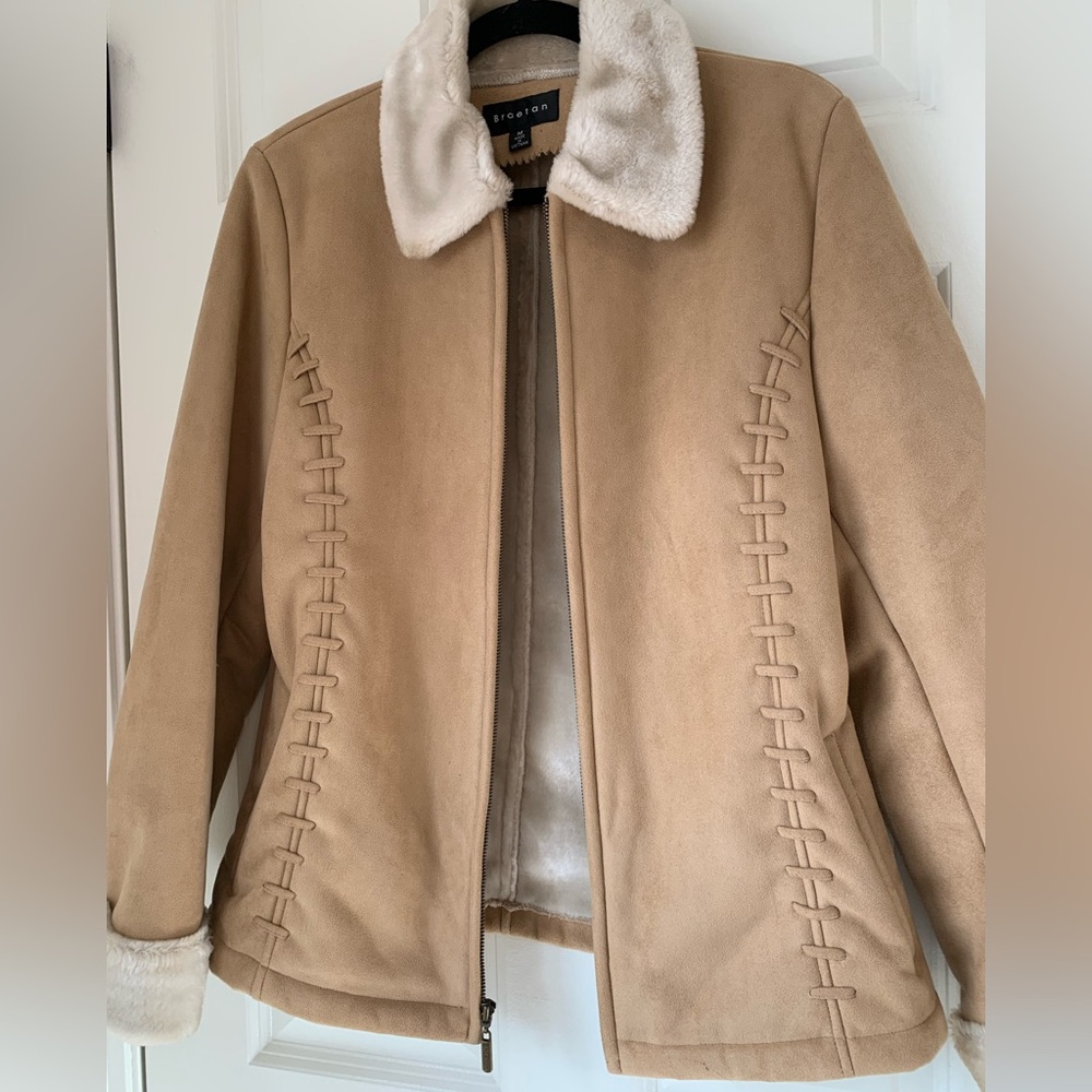 Y2K Braetan Coat Women's Faux Suede Fur Lined Pockets Tan Zip Penny Lane Sz M - Picture 4 of 15